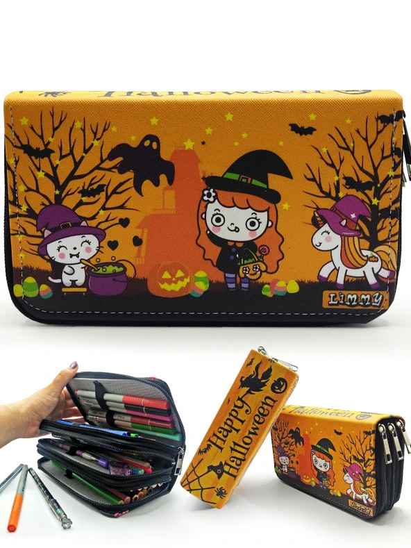 Kalem Kutusu Halloween Sevimli Cadı Kawai Organizer Kalemkutu Vegan Deri Üç Bölmeli Kalemlik ürün görseli 1