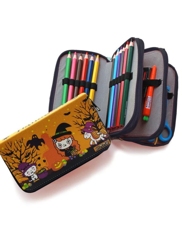 Kalem Kutusu Halloween Sevimli Cadı Kawai Organizer Kalemkutu Vegan Deri Üç Bölmeli Kalemlik - 3