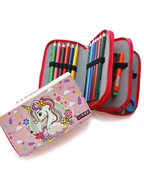 Kalem Kutusu Unicorn Bahar Temalı Kawai Organizer Kalemkutu Vegan Deri Üç Bölmeli Kalemlik- Pembe - 2