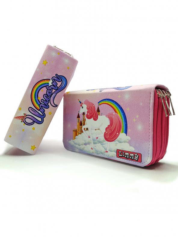 Unicorn Ülkesi Temalı Modelist Kalem Kutusu Kalemkutu Vegan Deri Üç Bölmeli Kalemlik - 2