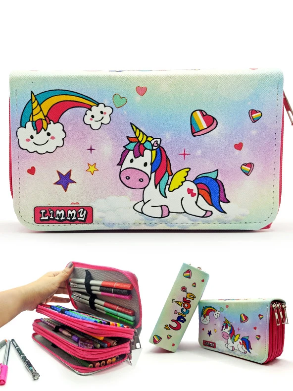Unicorn Şeker Temalı Modelist Kalem Kutusu Kalemkutu Vegan Deri Üç Bölmeli Kalemlik