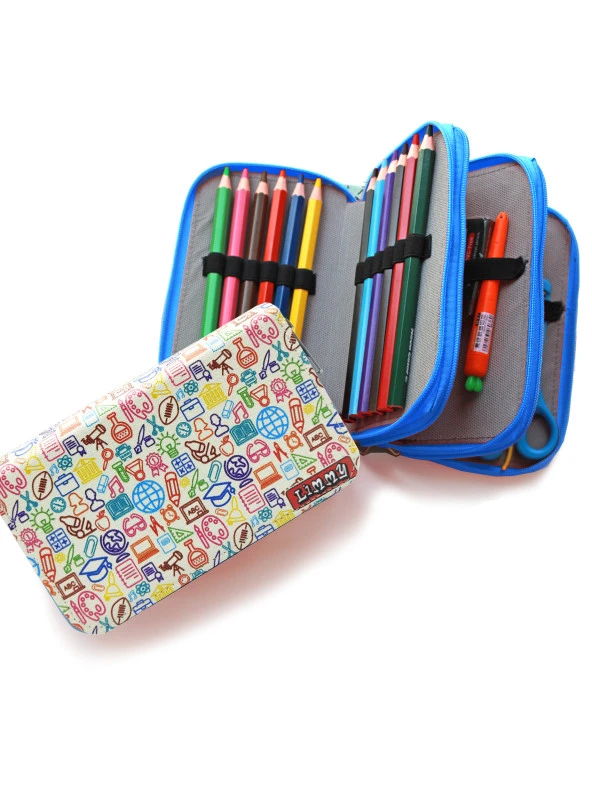 Kalem Kutusu İcon Okul Desenli Kawai Organizer Kalemkutu Vegan Deri Üç Bölmeli Kalemlik - 2