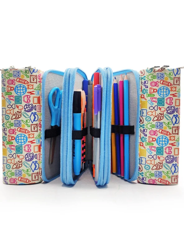 Kalem Kutusu İcon Okul Desenli Kawai Organizer Kalemkutu Vegan Deri Üç Bölmeli Kalemlik - 3