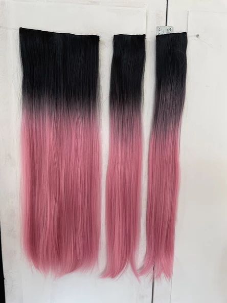 Siyah Pembe Düz Uzun Yarım Ay Saç –  3 Parça Çıt Çıt 80cm. 270 gr. VIP SERI - 1