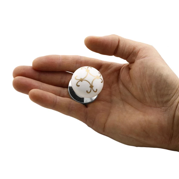 Eymen Polimer Düğme Kulp Çekmece Dolap Dolabı Kulpu Kulbu Beyaz Krom Desenli Mobilya Mutfak Kulpları - 2