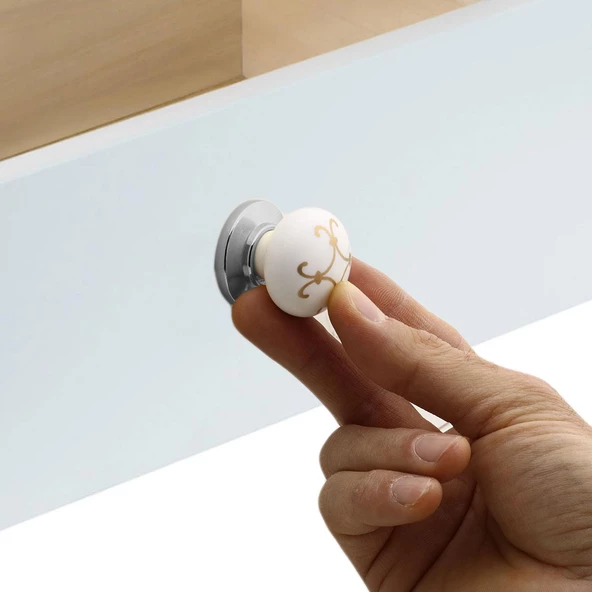 Eymen Polimer Düğme Kulp Çekmece Dolap Dolabı Kulpu Kulbu Beyaz Krom Desenli Mobilya Mutfak Kulpları - 3