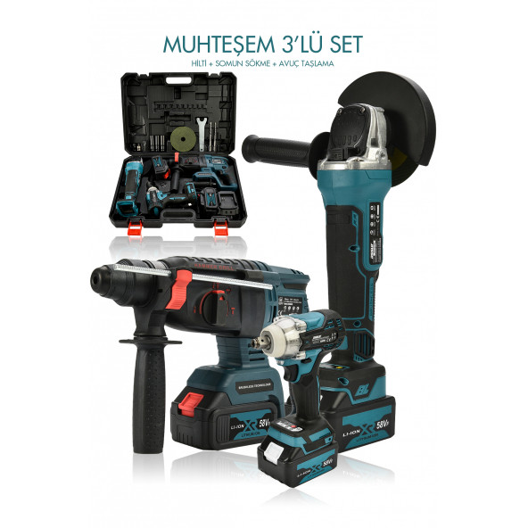 ASSUR  3 Lü Set Torklu Vidalama Somun Sıkma + Şarjlı Matkap 2-26mm + Şarjlı Taşlama 125mm