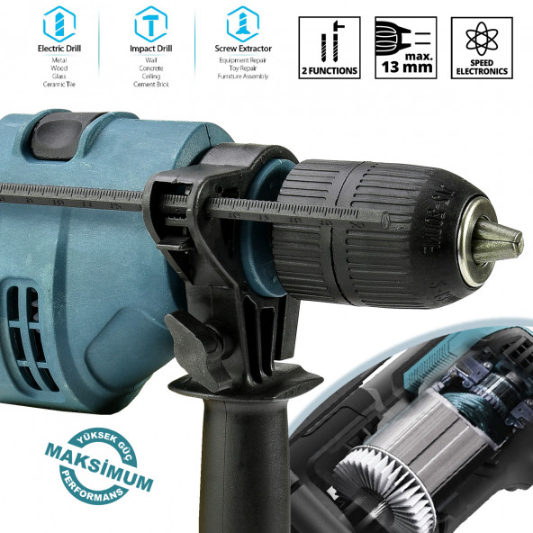 ASSUR  13 Mm Elektrikli Darbeli Matkap 1100 W mavi renk M005 - 2