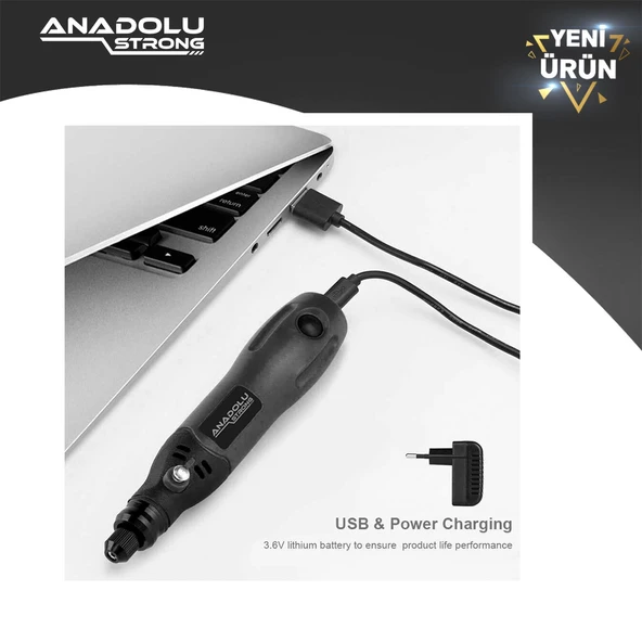 Anadolustrong 3 Kademeli Şarjlı Mini Taşlama Gravür Dremel Seti 10 Parça Taşıma Çantası - 2