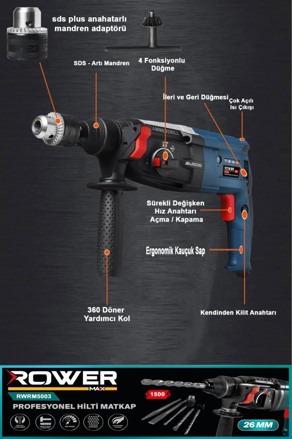 1500 Watt Sds Plus Kırıcı Delici Hilti Matkap 26 mm 2.4 juel RWRX5003 - 2