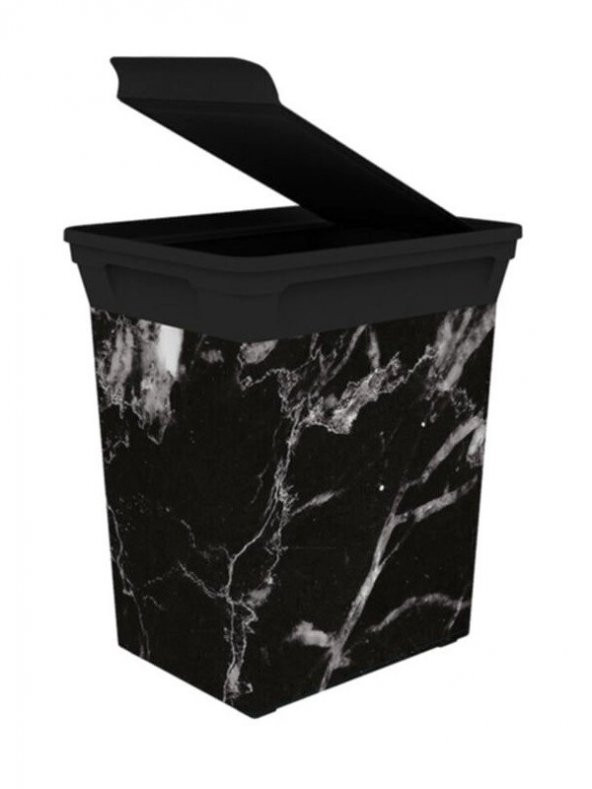 Dekoratif Çöp Kutusu Banyo Mutfak Çöp Kovası Marble Siyah 20lt