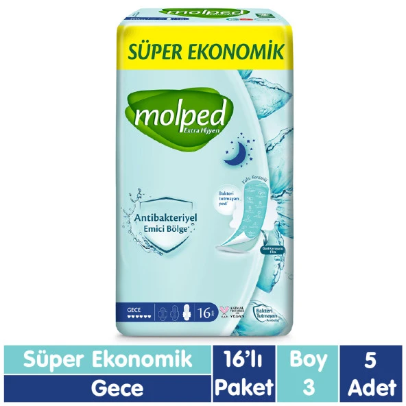 Molped Süper Ekonomik Antibakteriyel Ped Gece 16x5 80 Adet