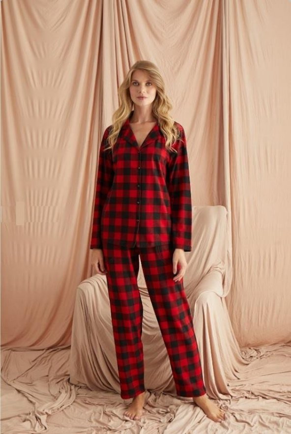Kadın Kırmızı Ekose Süet Önden Düğmeli Gömlek Yaka Uzun Kol Kışlık Pijama Takım