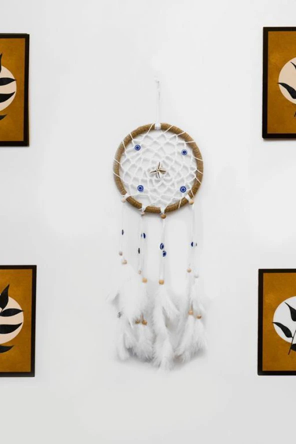 Nazar Boncuklu Düş Kapanı Hand Made Dreamcatcher Kuş Tüyü Duvar Süsü Ev Dekor 13431 - 4