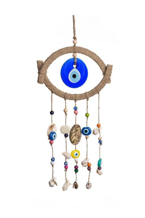 Nazar Boncuklu Hasır Deniz Kabuklu Kötü Göz Kovucu Hand Made Duvar Süsü Rüzgar Çanı - 2