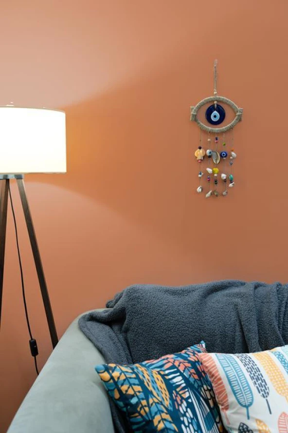 Nazar Boncuklu Hasır Deniz Kabuklu Kötü Göz Kovucu Hand Made Duvar Süsü Rüzgar Çanı - 3