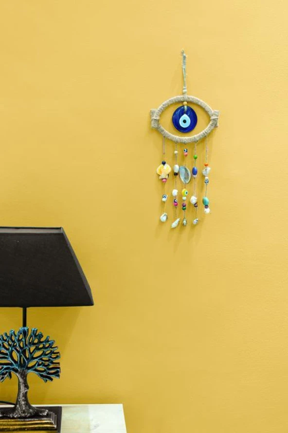 Nazar Boncuklu Hasır Deniz Kabuklu Kötü Göz Kovucu Hand Made Duvar Süsü Rüzgar Çanı - 4