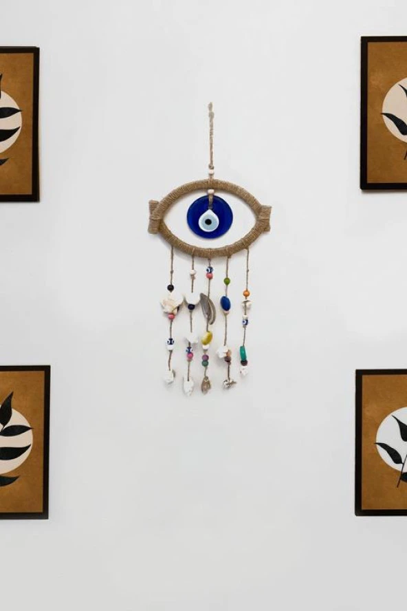 Nazar Boncuklu Hasır Deniz Kabuklu Kötü Göz Kovucu Hand Made Duvar Süsü Rüzgar Çanı - 5