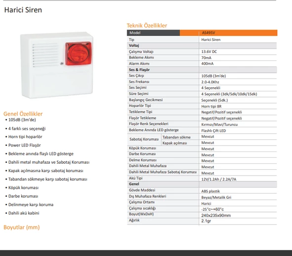 EDS AS495L LED Flaşörlü Metal Muhafazalı Harici Siren 110dB - Resim 2
