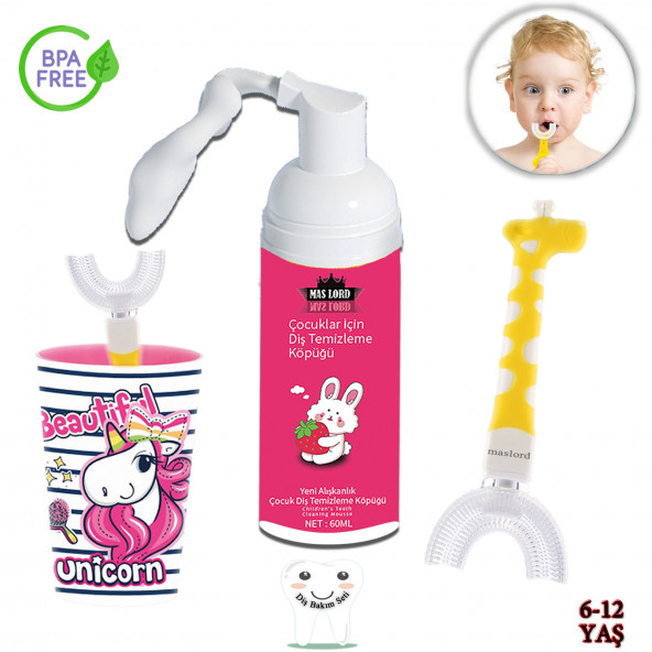 Mas Lord U Tipi Yeni Nesil Diş Fırçası Seti - Pembe Fırçalık + Sarı Zürafa 6-12 Yaş + Köpük Macun