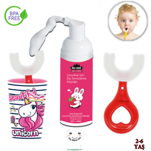 Mas Lord U Tipi Yeni Nesil Diş Fırçası Seti - Pembe Fırçalık + Kırmızı Kalp 2-6 Yaş + Köpük Macun
