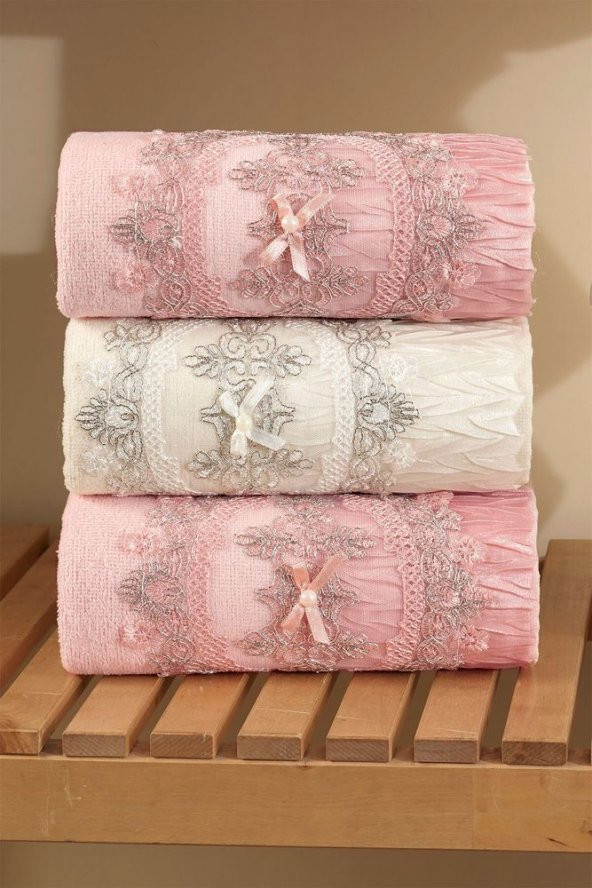 Louis Marie | 50x90 Cm | Damask | Nakışlı | Dantelli | Pamuk | Pudra-krem |4 Adet| El Yüz Havlu Seti - 2