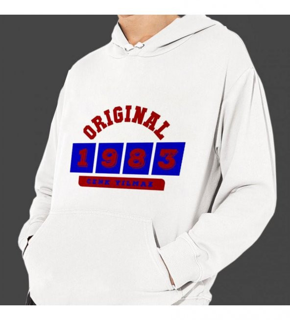 Kişiye Özel Bordo Mavi İsim Tarih Baskılı Kapşonlu Beyaz Unisex Sweatshirt HK2372