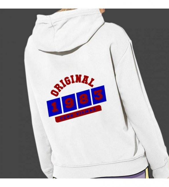 Kişiye Özel Bordo Mavi İsim Tarih Baskılı Kapşonlu Beyaz Unisex Sweatshirt HK2372 - 2