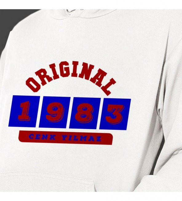 Kişiye Özel Bordo Mavi İsim Tarih Baskılı Kapşonlu Beyaz Unisex Sweatshirt HK2372 - 3