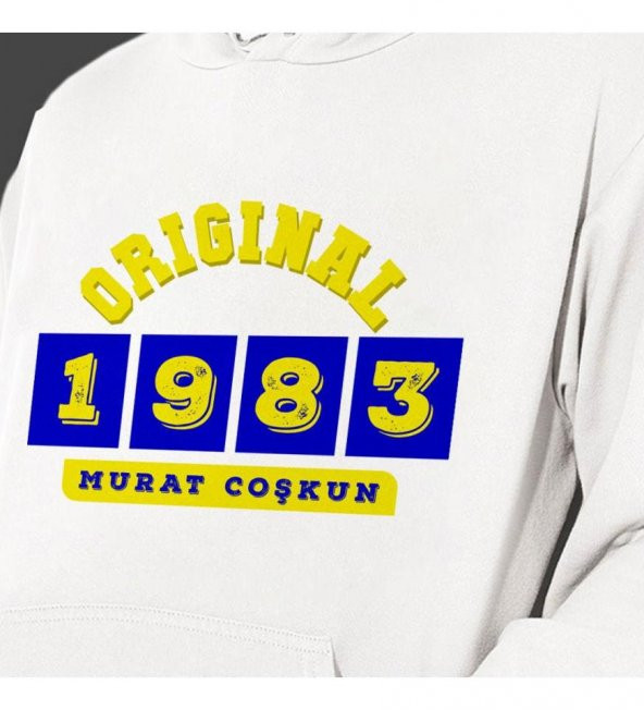 Kişiye Özel Sarı Lacivert İsim Tarih Baskılı Kapşonlu Beyaz Unisex Sweatshirt HK2371 - 2