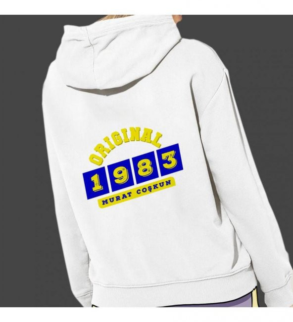Kişiye Özel Sarı Lacivert İsim Tarih Baskılı Kapşonlu Beyaz Unisex Sweatshirt HK2371 - 3