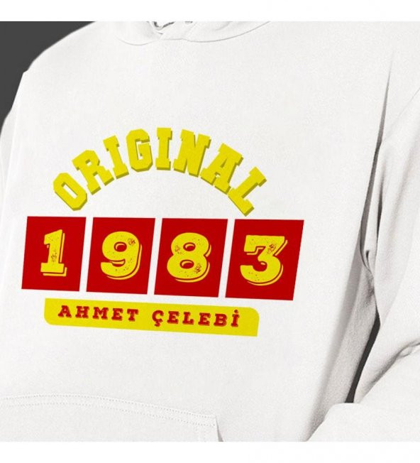 Kişiye Özel Sarı Kırmızı İsim Tarih Baskılı Kapşonlu Beyaz Unisex Sweatshirt HK2370 - 3