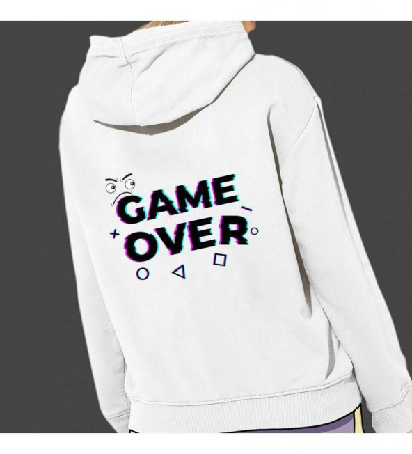 Game Over Baskılı Kapşonlu Beyaz Unisex Sweatshirt HK2353