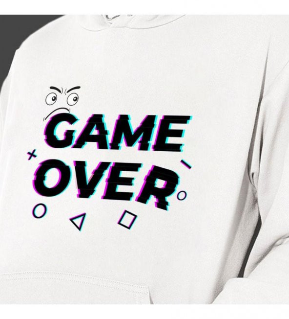 Game Over Baskılı Kapşonlu Beyaz Unisex Sweatshirt HK2353 - 2
