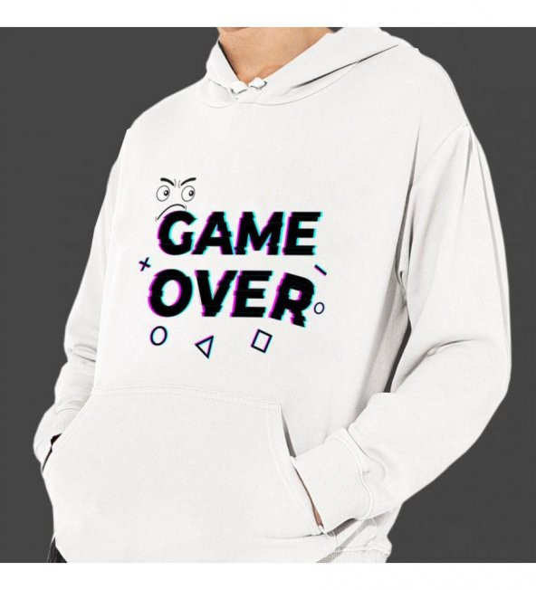 Game Over Baskılı Kapşonlu Beyaz Unisex Sweatshirt HK2353 - 3