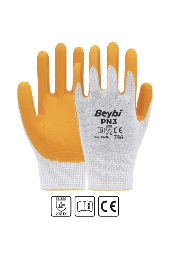 Beybi PN3 Beyaz Sarı 10 Beden Polyester Örme Nitril Eldiven 12 Li Paket