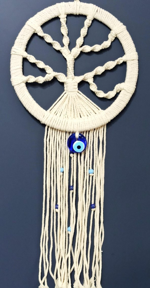 Nazar Boncuklu Ekru Renk Makrome Hayat Ağacı Duvar Süsü ürün görseli