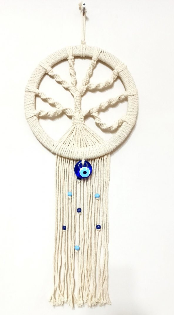 Nazar Boncuklu Ekru Renk Makrome Hayat Ağacı Duvar Süsü - Resim 3