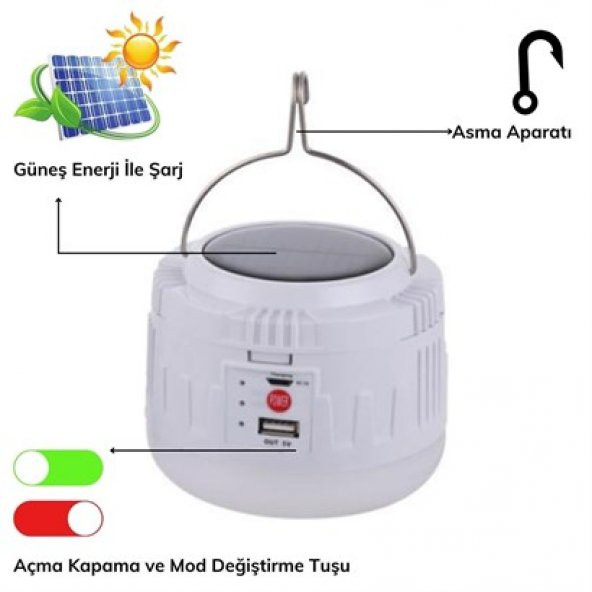 Güneş Enerjili ve Usb Şarjlı Solar Kamp ve Çadır Lambası 4 Modlu Askılı Powerbank Özellikli - 3