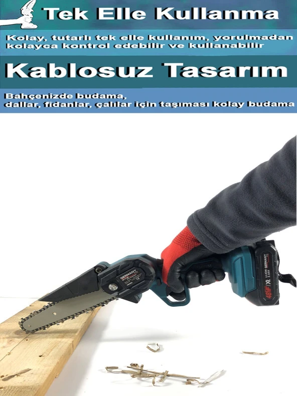 Uzun-kısa Pala Ve Zincir 2x Akü Çantalı Şarjlı Dal Kesme Budama Testere Makine Uzun Pala - 3