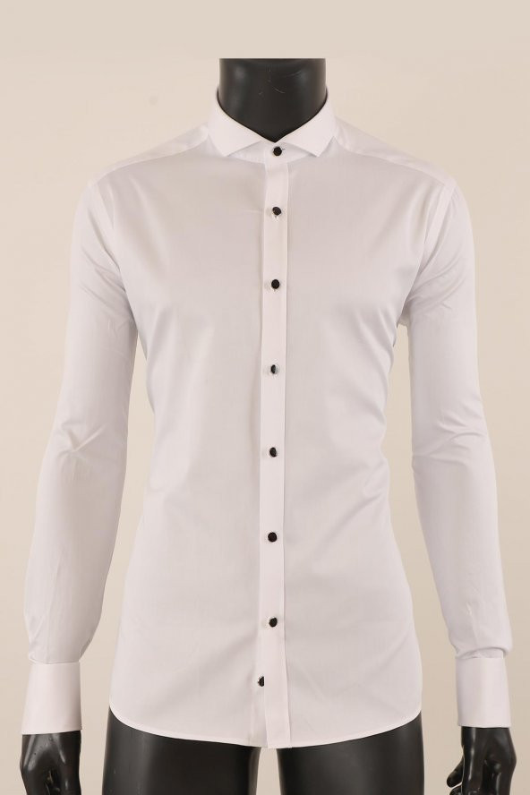 Uzun Kol Slim Fit Damatlık Beyaz Gömlek - 3