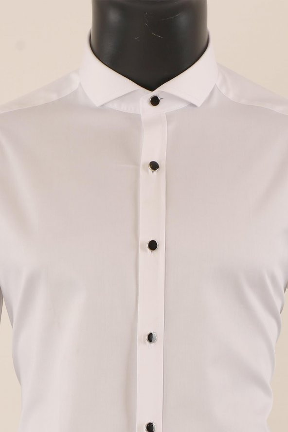 Uzun Kol Slim Fit Damatlık Beyaz Gömlek - 4