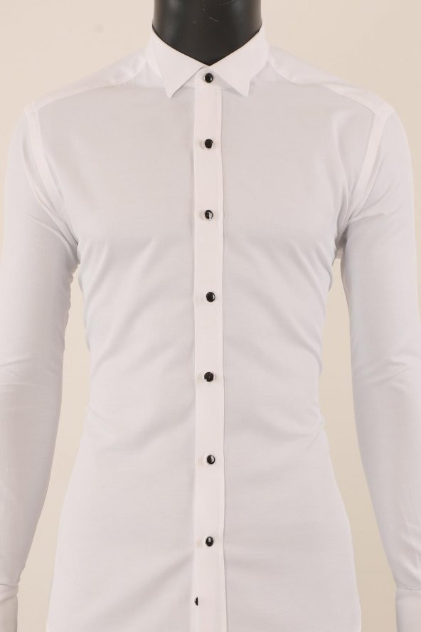 Uzun Kol Slim Fit Damatlık Beyaz Gömlek - 3