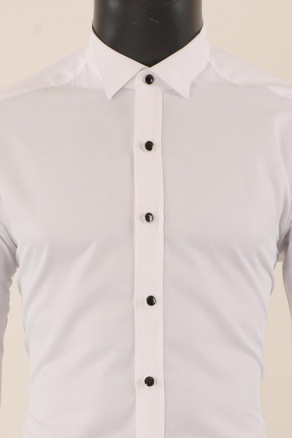 Uzun Kol Slim Fit Damatlık Beyaz Gömlek - 4