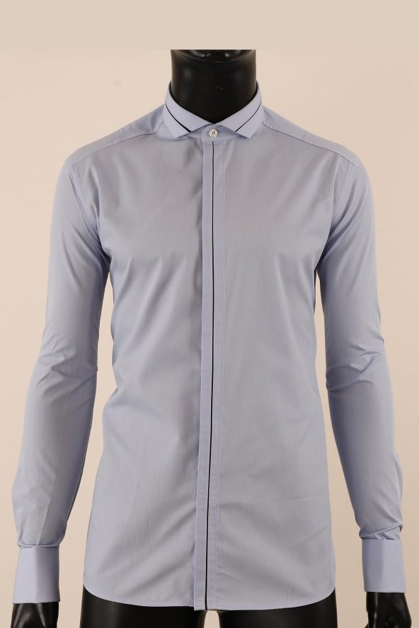 Uzun Kol Slim Fit Damatlık Mavi Gömlek - 2