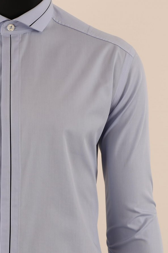 Uzun Kol Slim Fit Damatlık Mavi Gömlek - 5