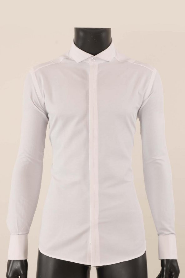 Uzun Kol Slim Fit Damatlık Beyaz Gömlek - 2