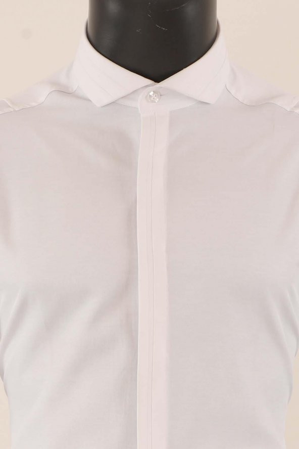 Uzun Kol Slim Fit Damatlık Beyaz Gömlek - 4