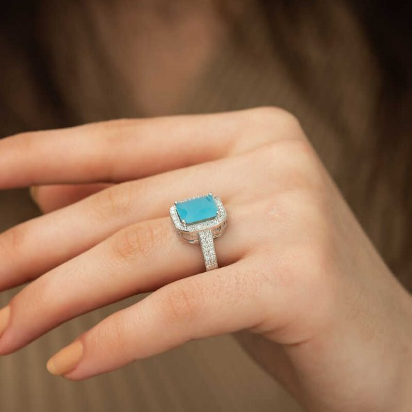 Gümüş Turkuaz Baget Kare Bayan Yüzük - 3