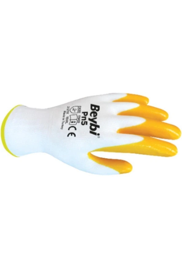 Beybi Polyoster Örme Nitril PMK PN5 Beyaz Sarı 9 Beden Eldiven 12 Li Paket